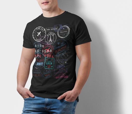 ATOM New York Signature Travel Stamps Black T-Shirt For Men