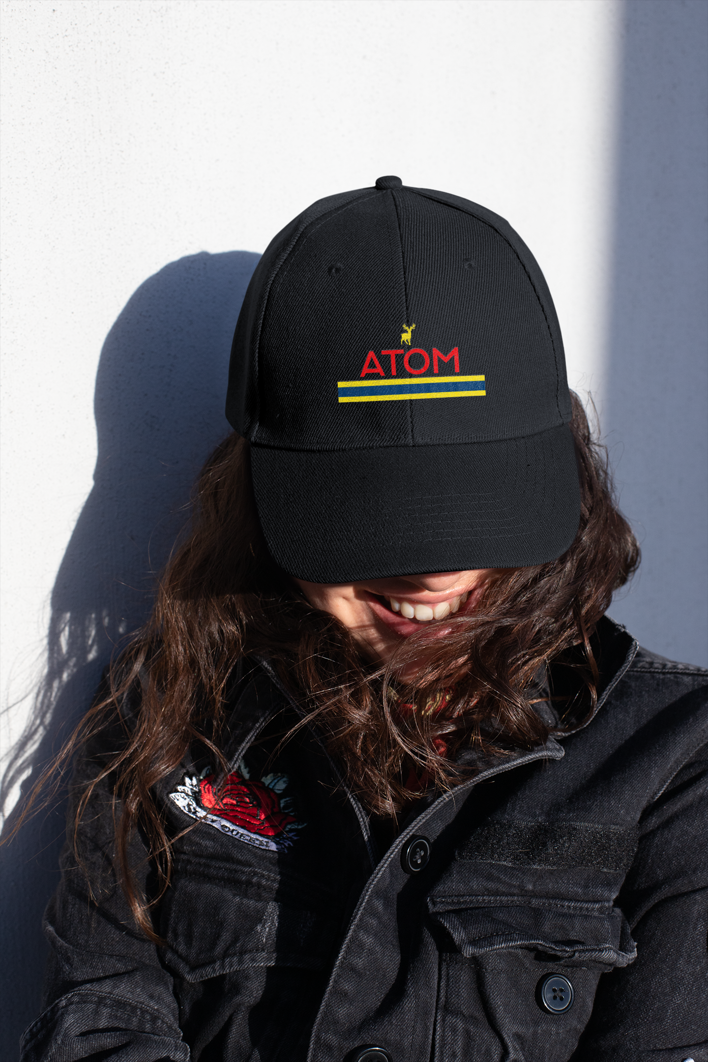ATOM Striped Design Embroidered Black Baseball Cap