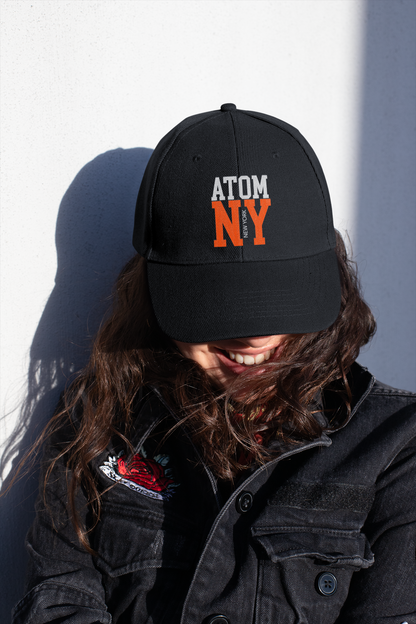 ATOM NY Orange Font Embroidered Black Baseball Cap