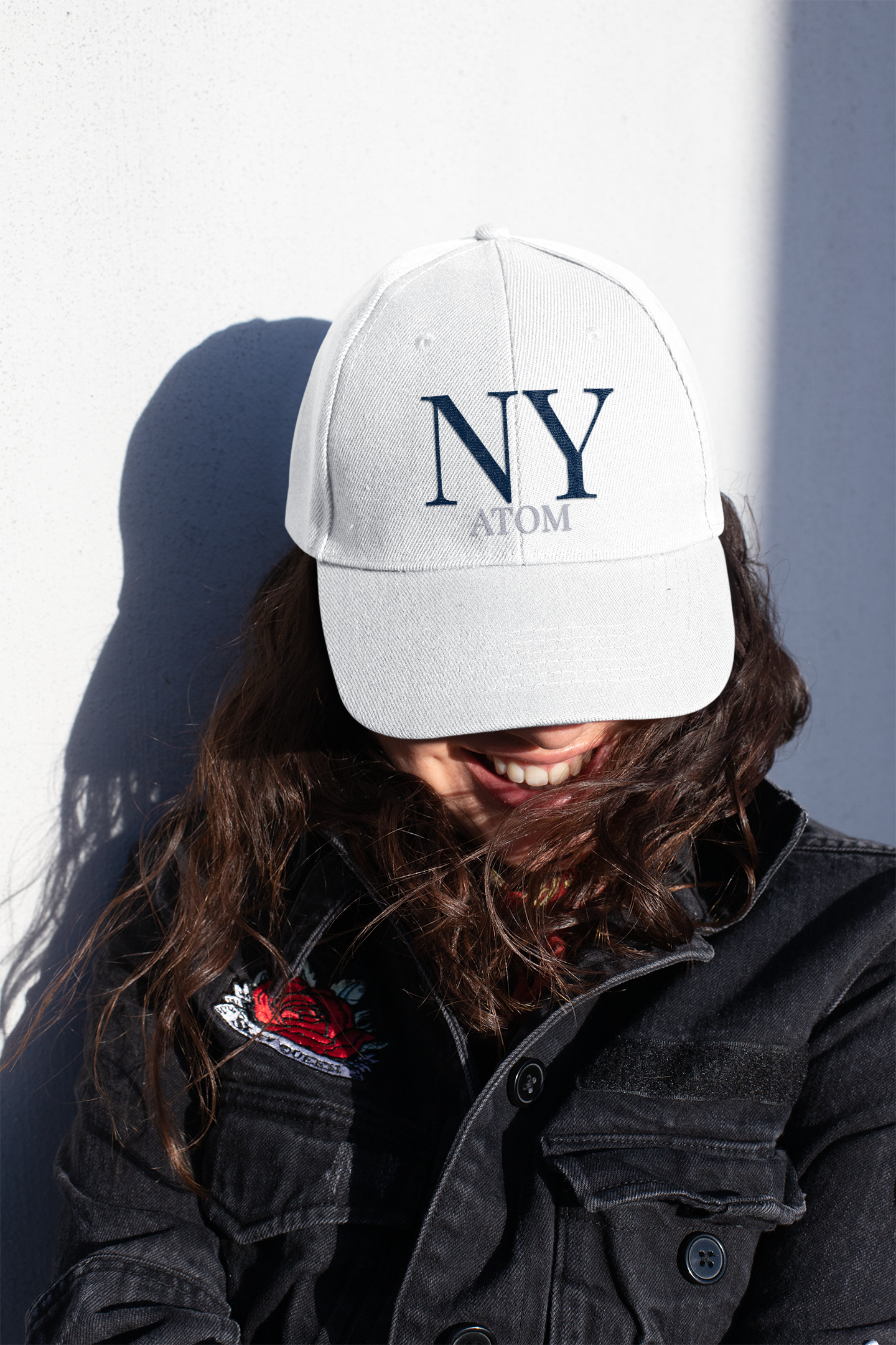 ATOM NY Police Font Embroidered White Baseball Cap