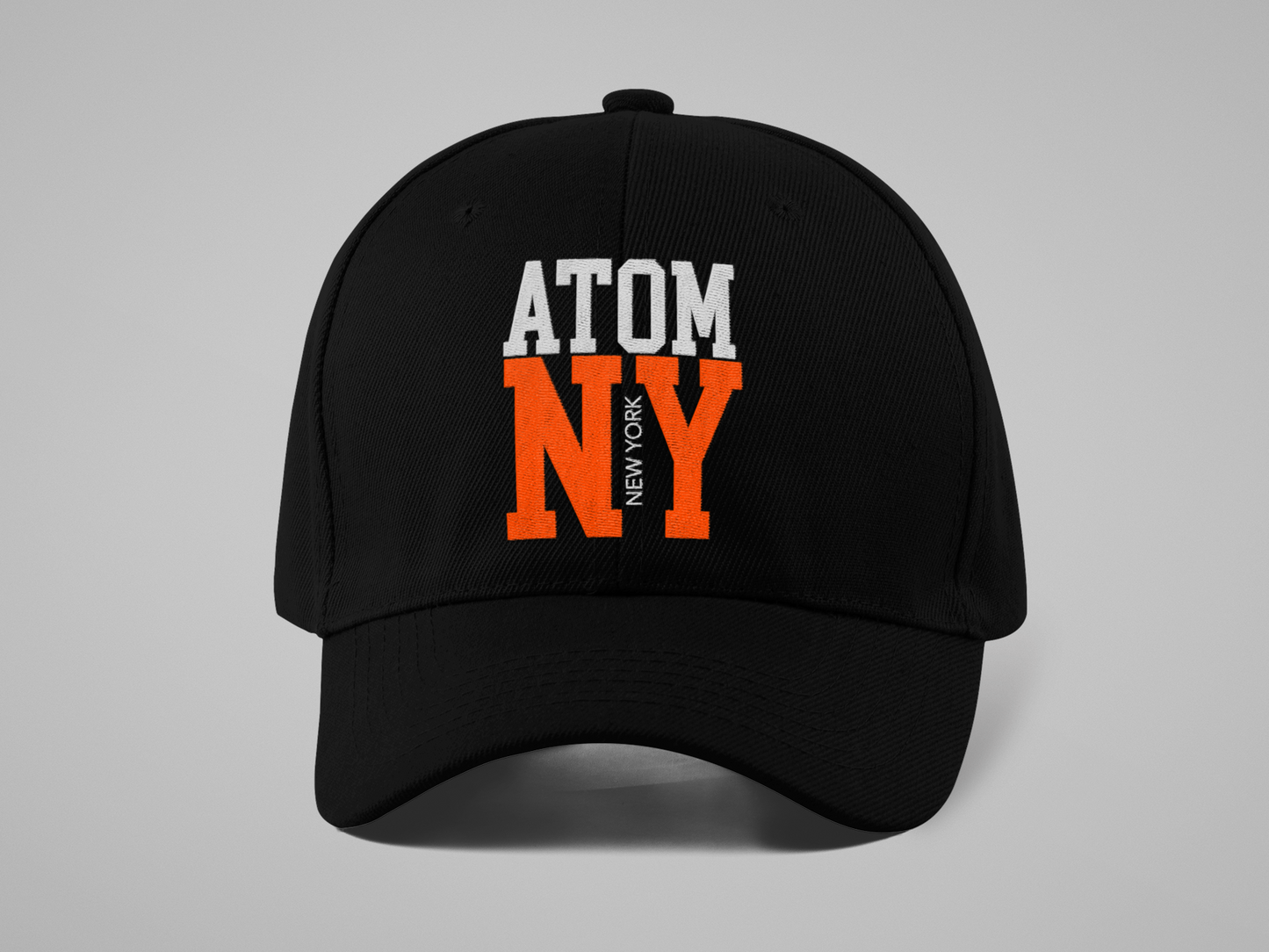 ATOM NY Orange Font Embroidered Black Baseball Cap