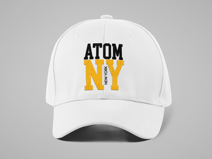 ATOM NY Yellow Font Embroidered White Baseball Cap