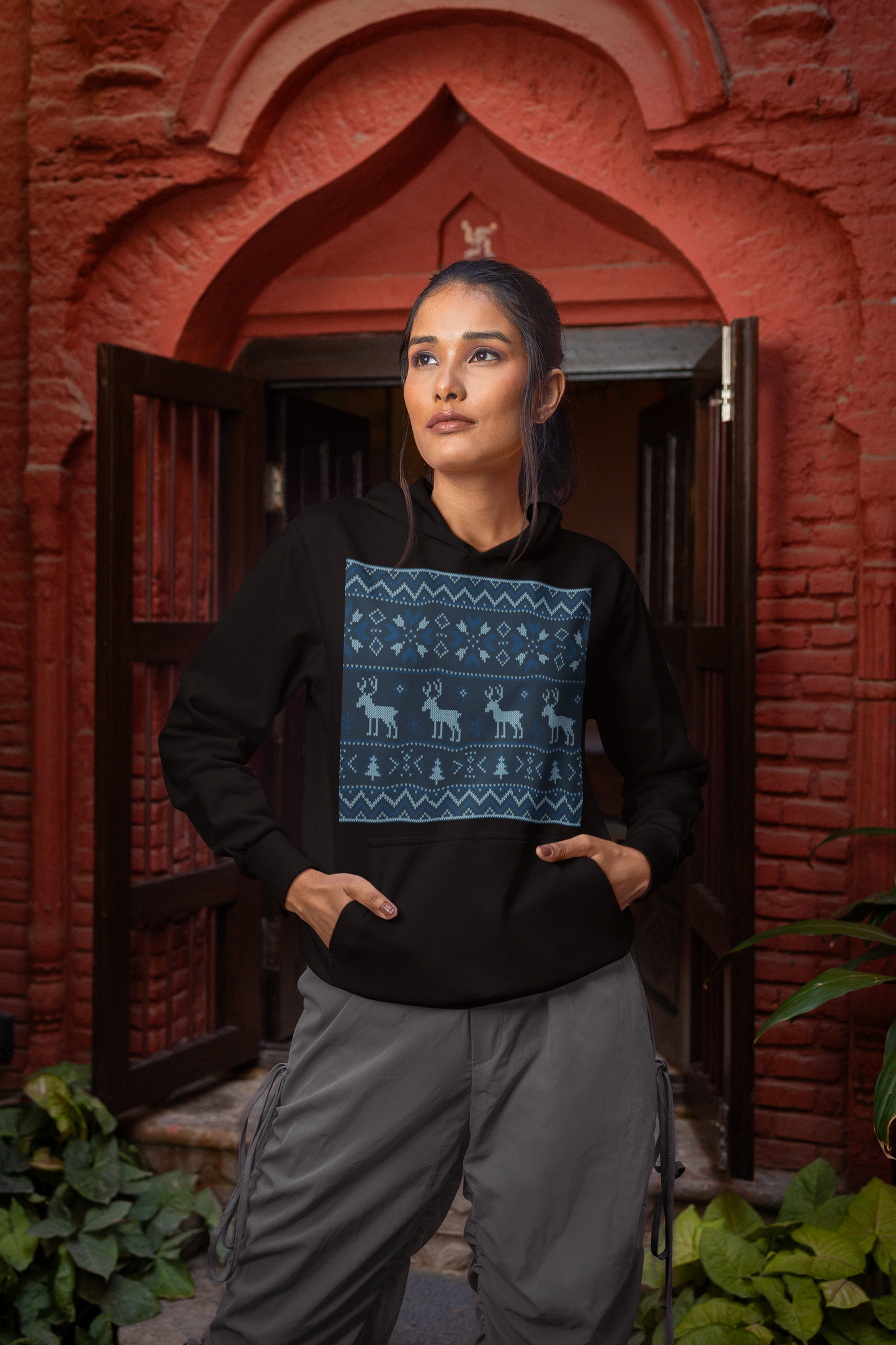 Reindeer Pattern Black Hoodie For Women