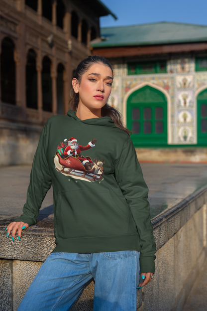 Santa On The Sleigh Olive Green Hoodie For Women
