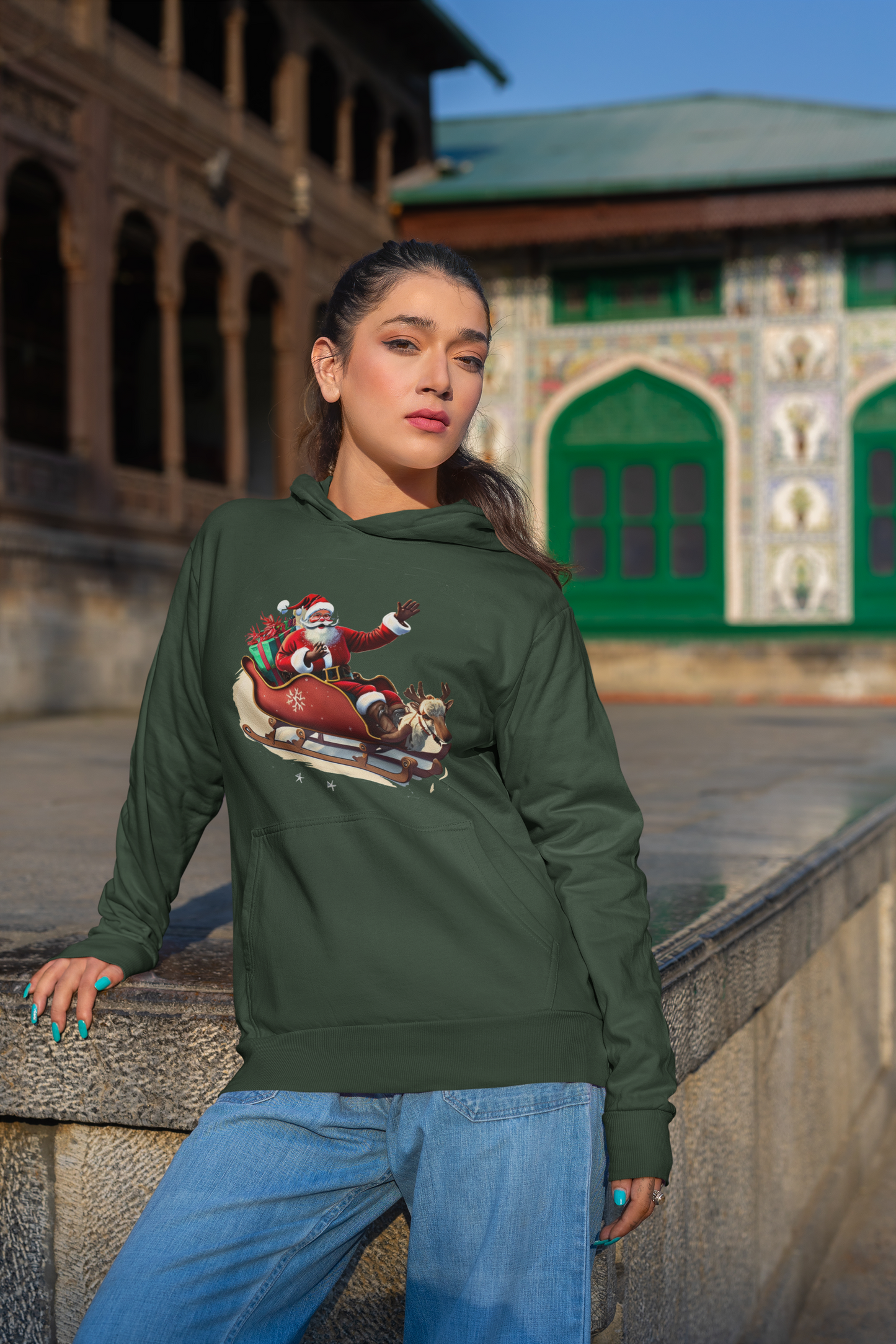 Santa On The Sleigh Olive Green Hoodie For Women ATOM