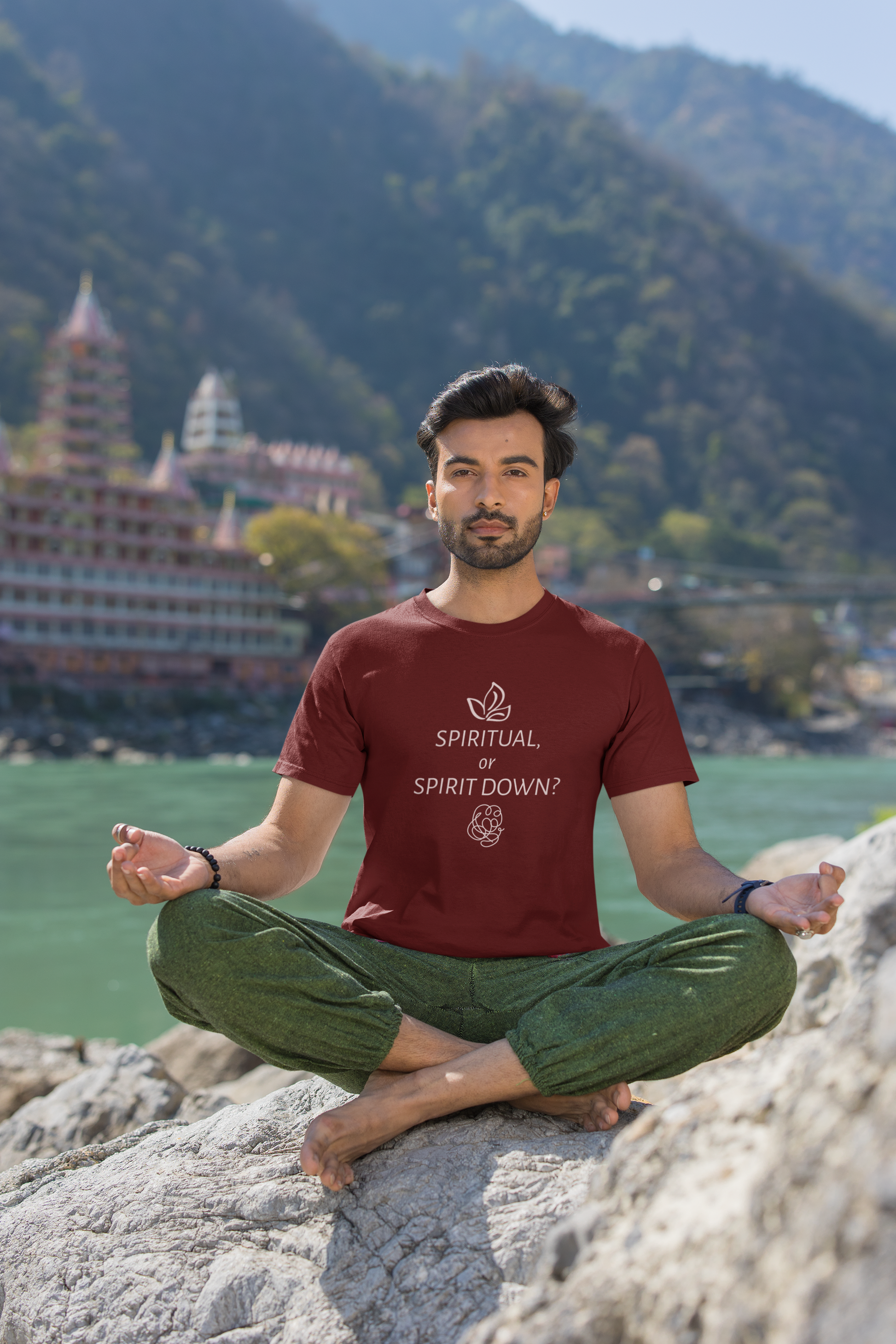 Spiritual or spirit down Cotton Unisex Maroon T-Shirt | Iris Yog Collection | ATOM