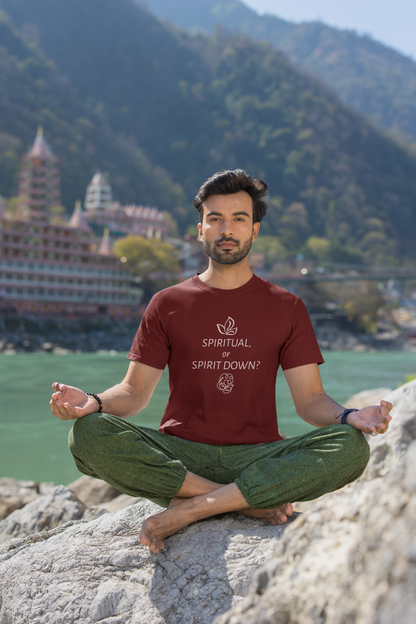 Spiritual or spirit down Cotton Unisex Maroon T-Shirt | Iris Yog Collection | ATOM