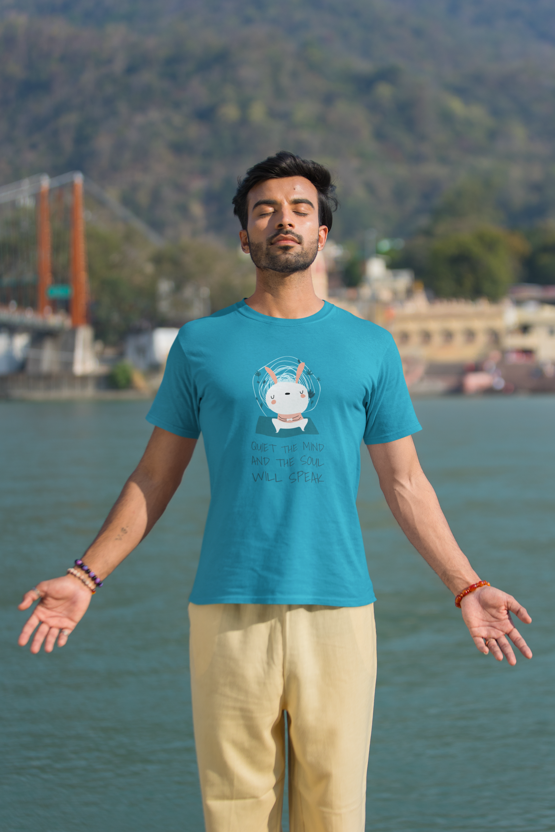 Quit the mind & soul will speak Unisex Sky BlueT-Shirt | Iris Yog Collection | ATOM