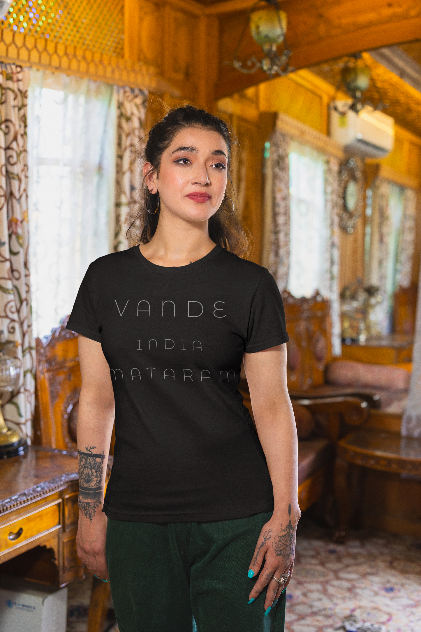 R-Day Special All Over Print Black T-Shirt For Women