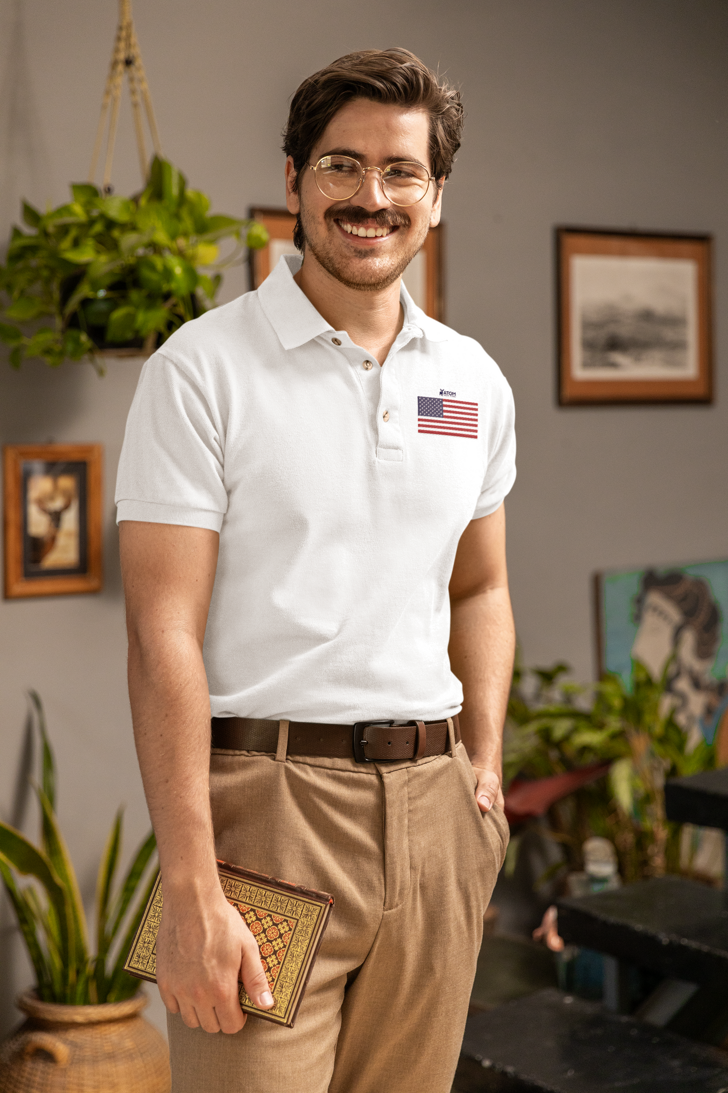 Classic ATOM US Flag White Polo Neck T-Shirt For Men