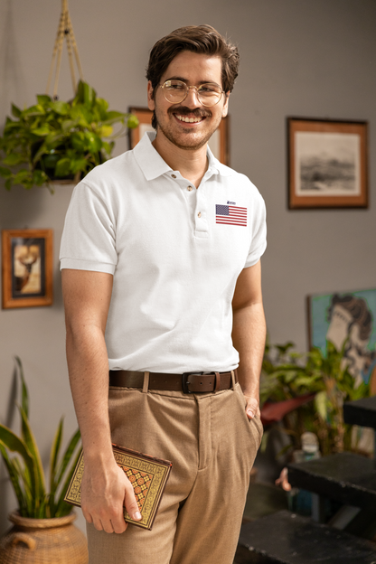Classic ATOM US Flag White Polo Neck T-Shirt For Men