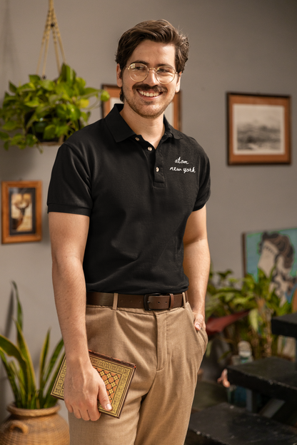 Classic ATOM Italics Logo Black Polo Neck T-Shirt For Men