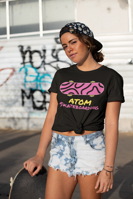 ATOM Signature Pink Skateboarding Black T-Shirt for Women. 