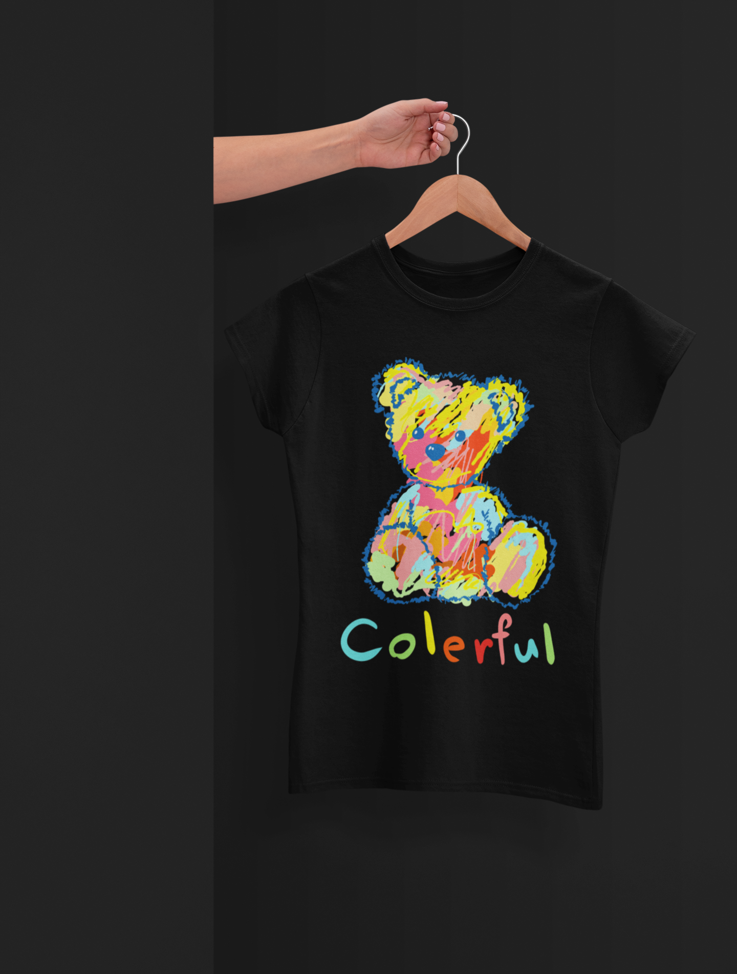 Colerful Bear Black T-Shirt For Women