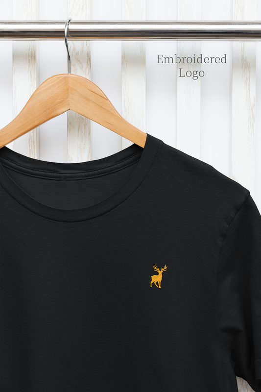 ATOM Deer Mascot Classic Embroidered Logo Basic Black T-Shirt For Men