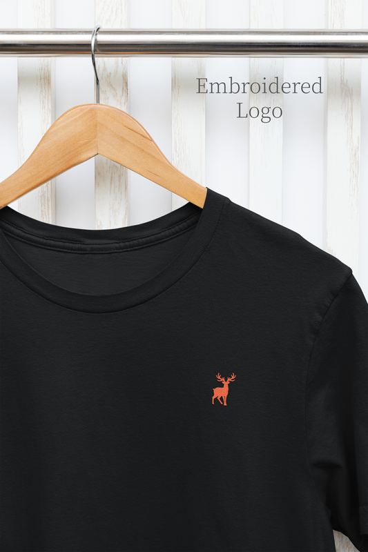 ATOM Deer Mascot Classic Embroidered Orange Logo Basic Black T-Shirt For Men