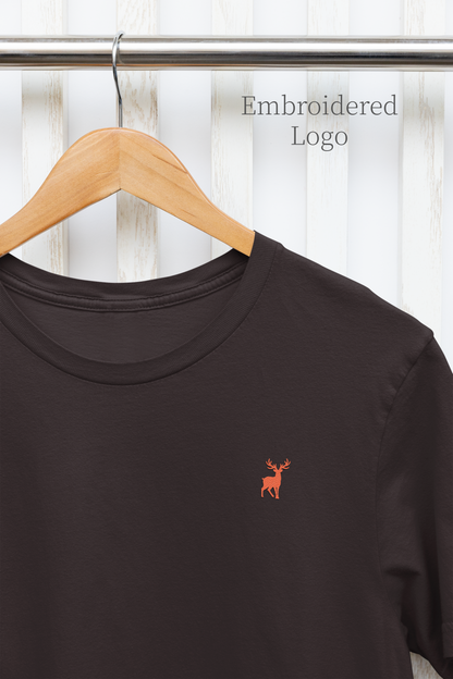 ATOM Deer Mascot Classic Embroidered Orange Logo Basic Coffee Brown T-Shirt For Men