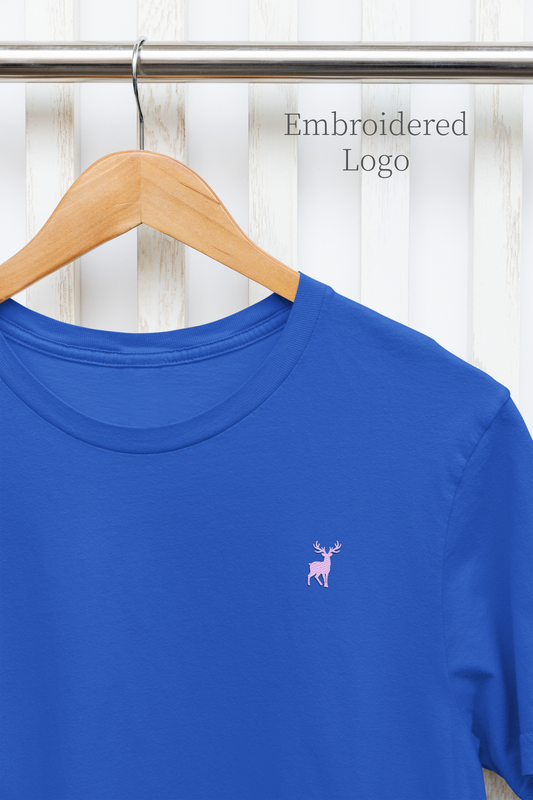 ATOM Deer Mascot Classic Embroidered Lavander Logo Basic Royal Blue T-Shirt For Men