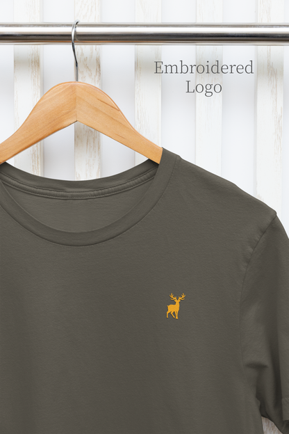 ATOM Deer Mascot Classic Embroidered Yellow Logo Basic Olive Green T-Shirt For Men