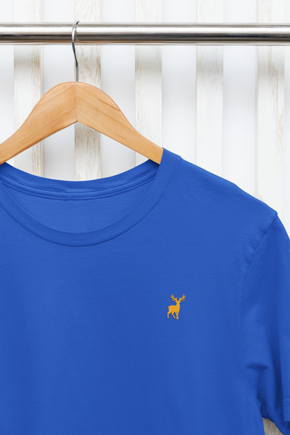 ATOM Deer Mascot Classic Embroidered Orange Logo Royal Blue T-Shirt For Women
