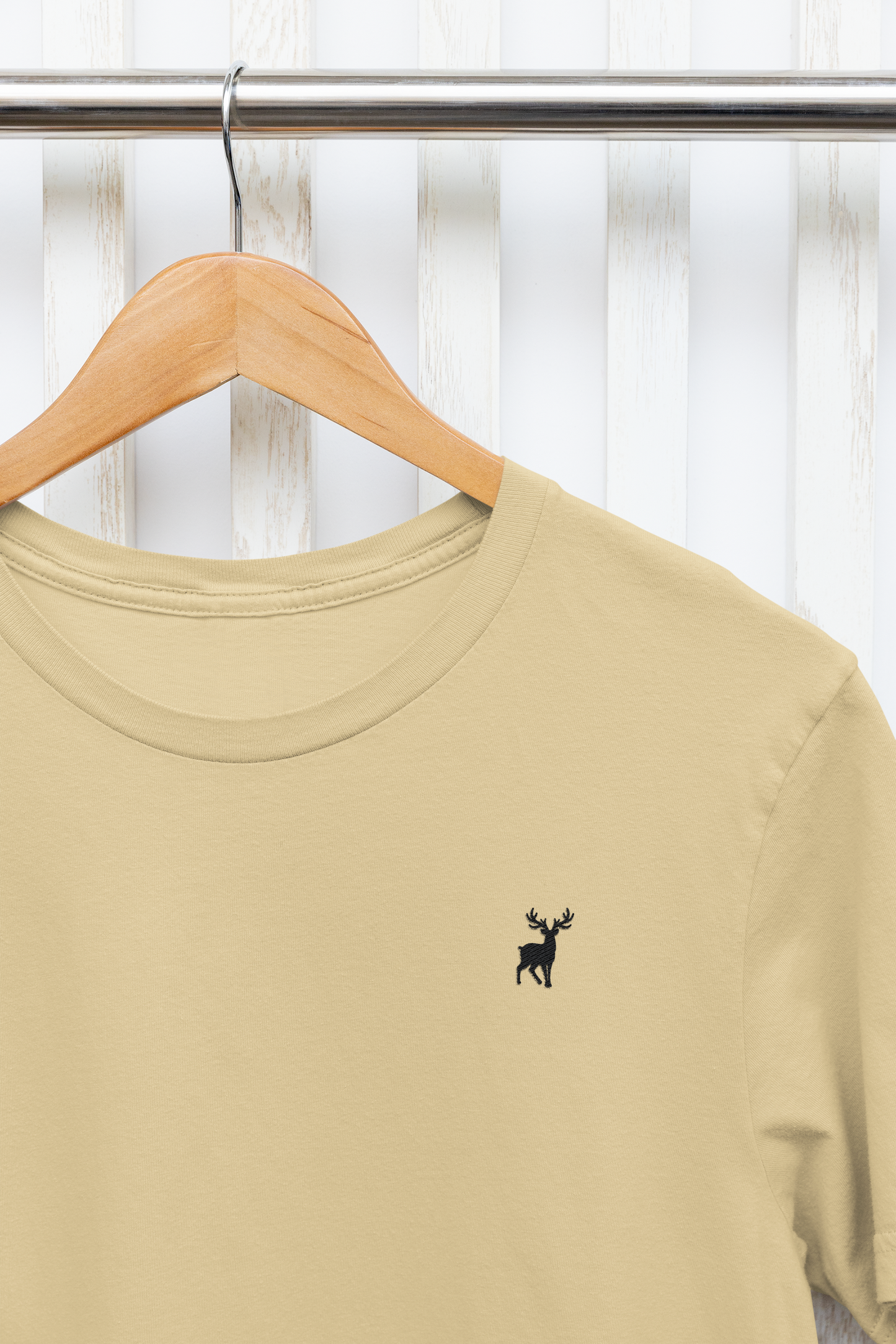 ATOM Deer Mascot Classic Embroidered Black Logo Beige T-Shirt For Women