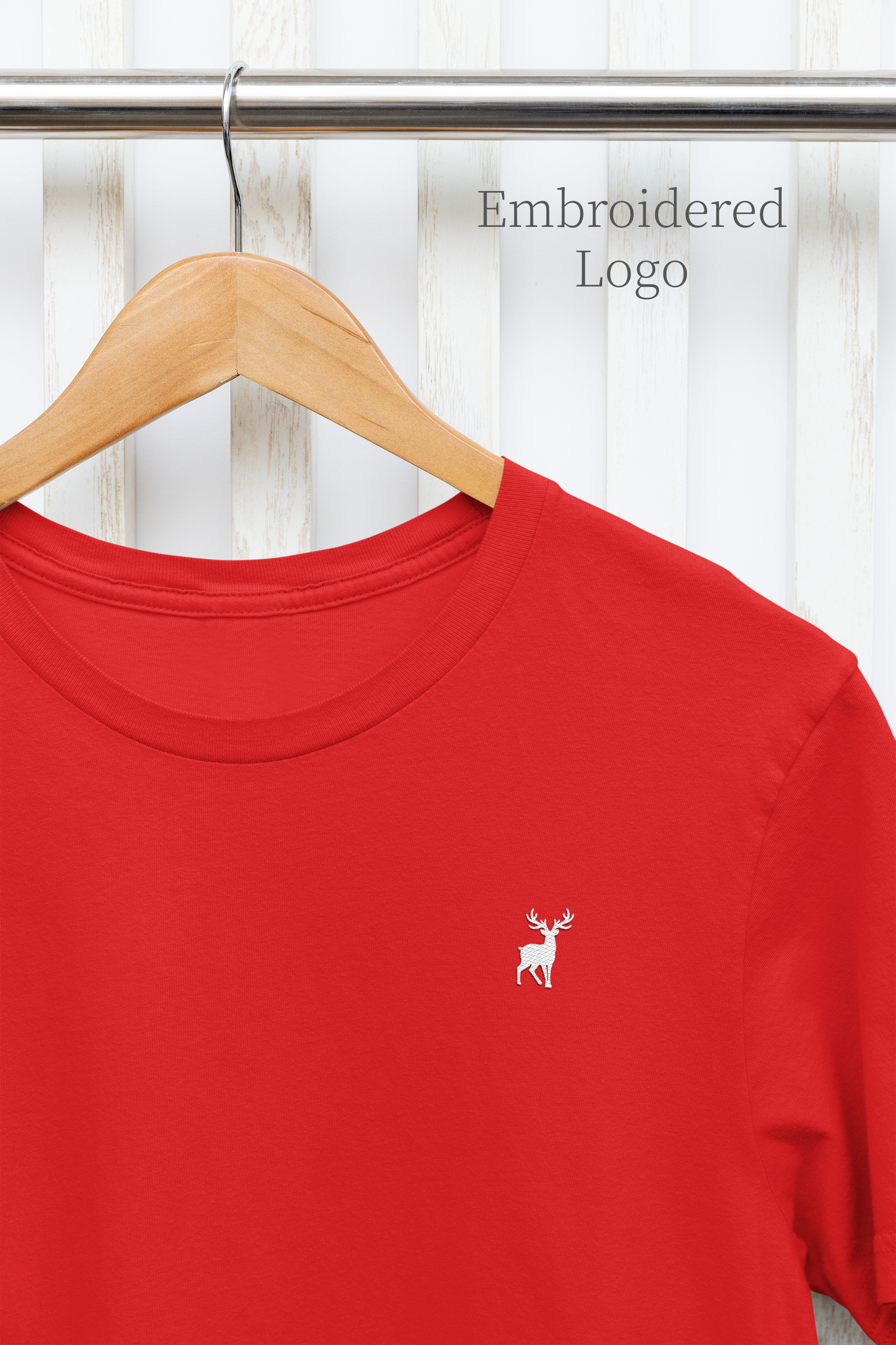 ATOM Deer Mascot Classic Embroidered White Logo Basic Red T-Shirt For Men