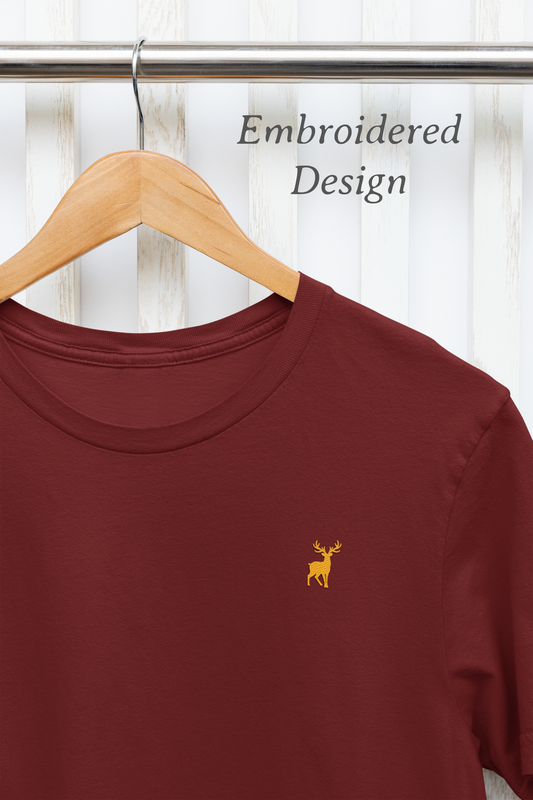 ATOM Deer Mascot Classic Embroidered Logo Basic Maroon T-Shirt For Men