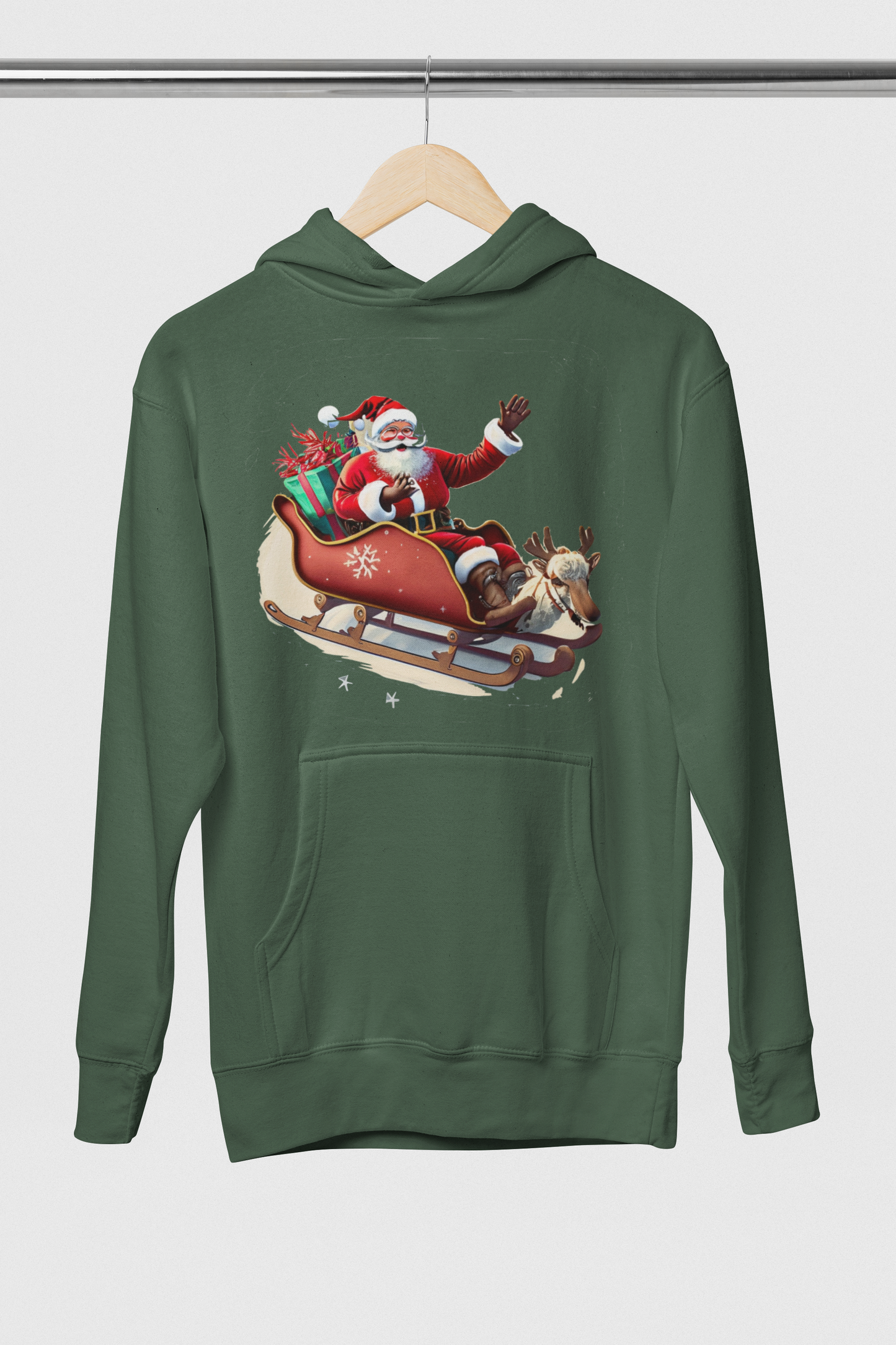 Santa On The Sleigh Olive Green Hoodie For Women