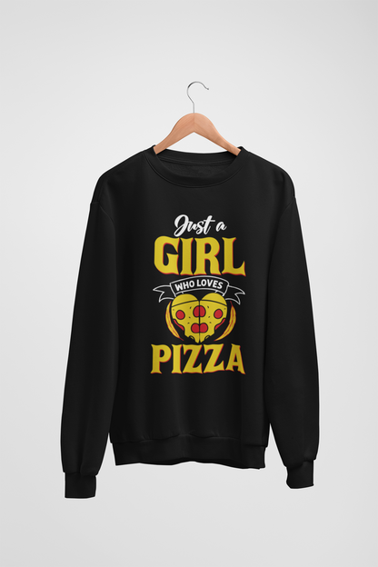 Just A Girl Who Loves Pizza Crew Neck Unisex Black Sweatshirt For Women | Masterchef Gurkirat Collection