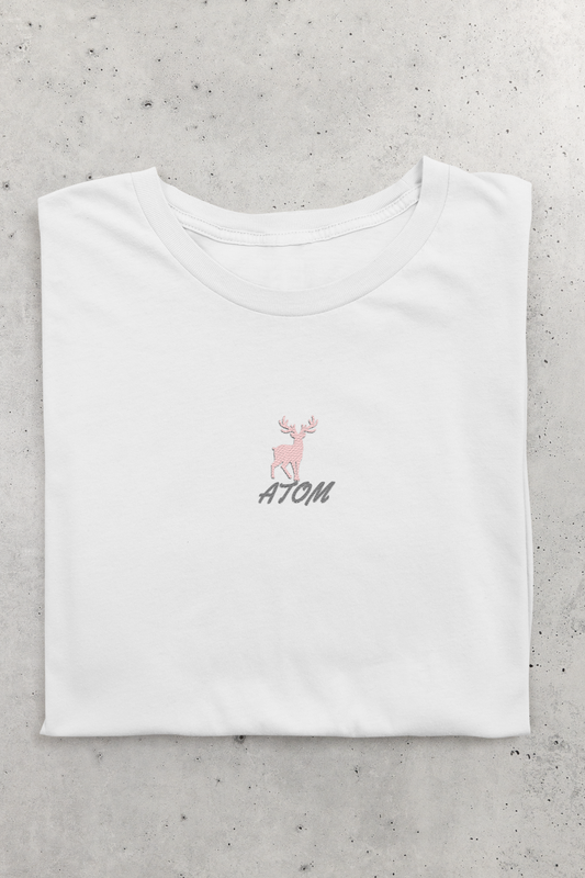 ATOM Pink Embroidered Logo Basic White T-Shirt For Women