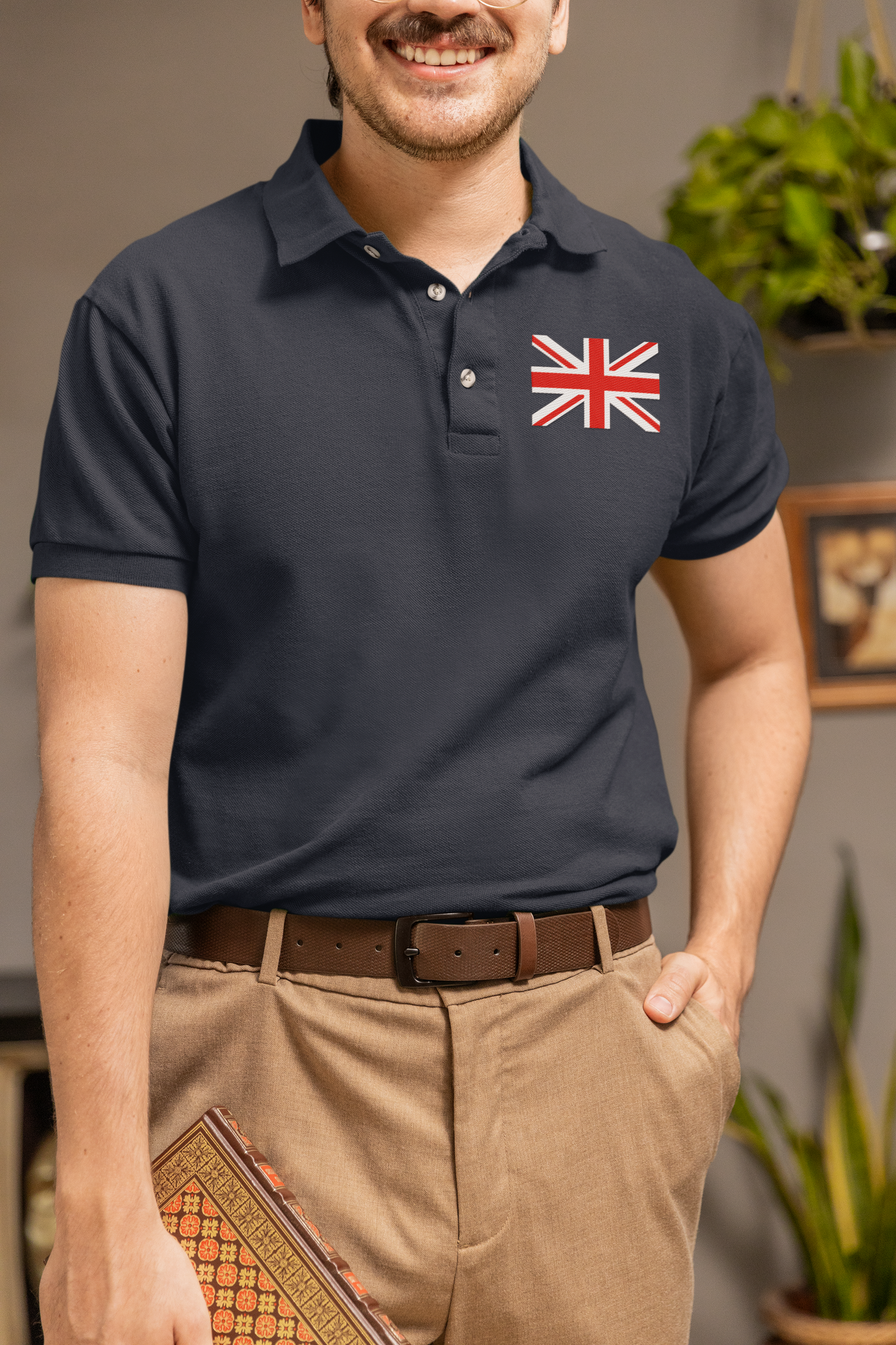 ATOM New York UK Flag Navy Blue Polo Neck T-Shirt For Men