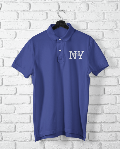 NY ATOM Overlap Logo Embroidered Royal Blue Polo Neck T-Shirt For Men