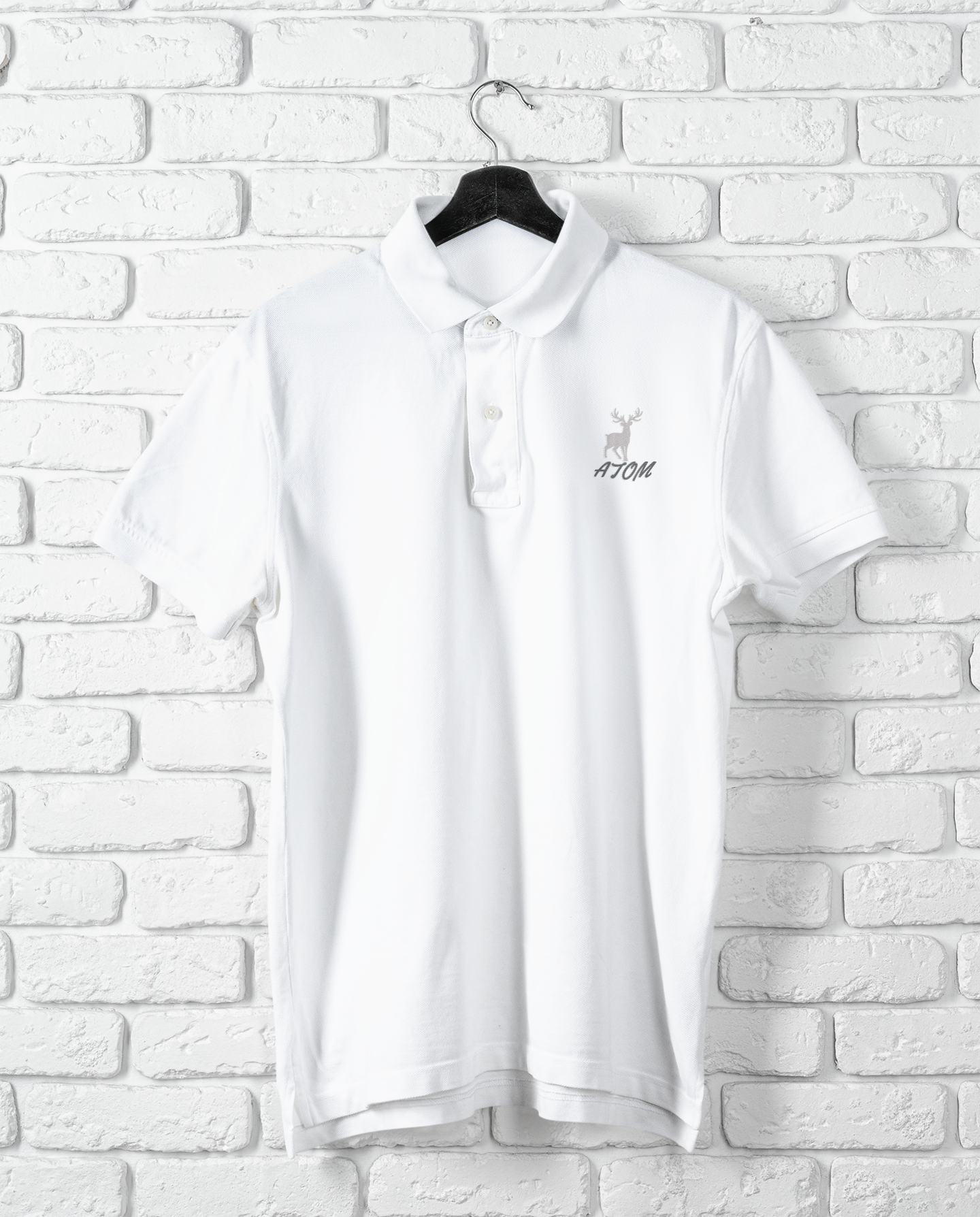 ATOM Italics Logo Embroidered White Polo Neck T-Shirt For Men