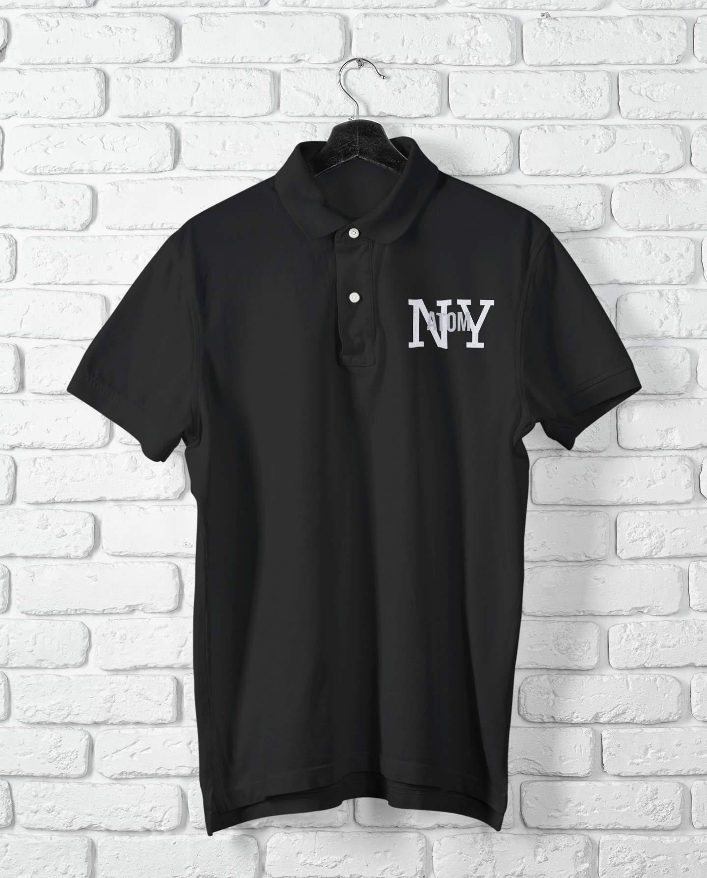 NY ATOM Overlap Logo Embroidered Black Polo Neck T-Shirt For Men