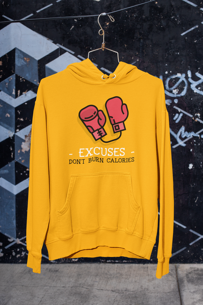 Excuses Dont Burn Calories Pure Cotton Unisex Mustard Yellow Hoodie | Tarun Kapoor Collection