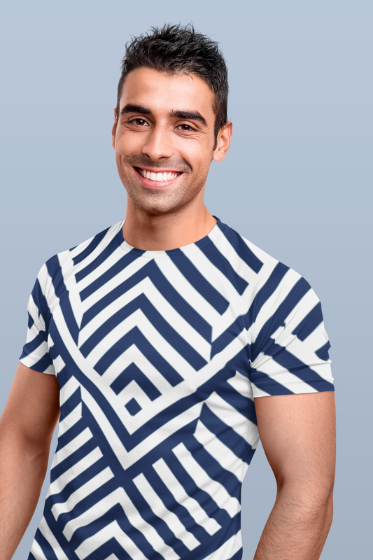 Navy Blue And White Stripes All Over Print T-Shirt For Men