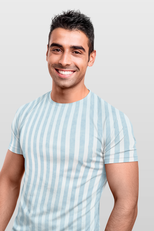 Sky Blue Vertical Stripes All Over Print T-Shirt For Men