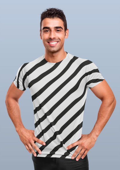 Black And White Stripes All Over Print Black T-Shirt For Men