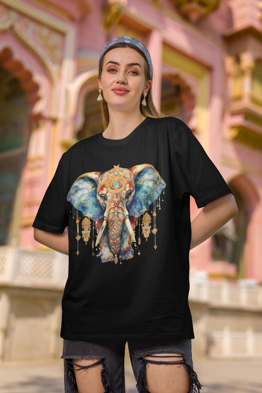 Decorated Elephant Black Oversized T-Shirt For Women
