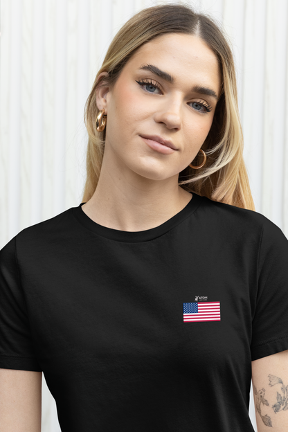 ATOM US Flag Classic Embroidered Black T-Shirt For Women