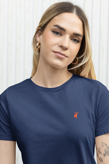 ATOM Deer Mascot Classic Embroidered Orange Logo Navy Blue T-Shirt For Women