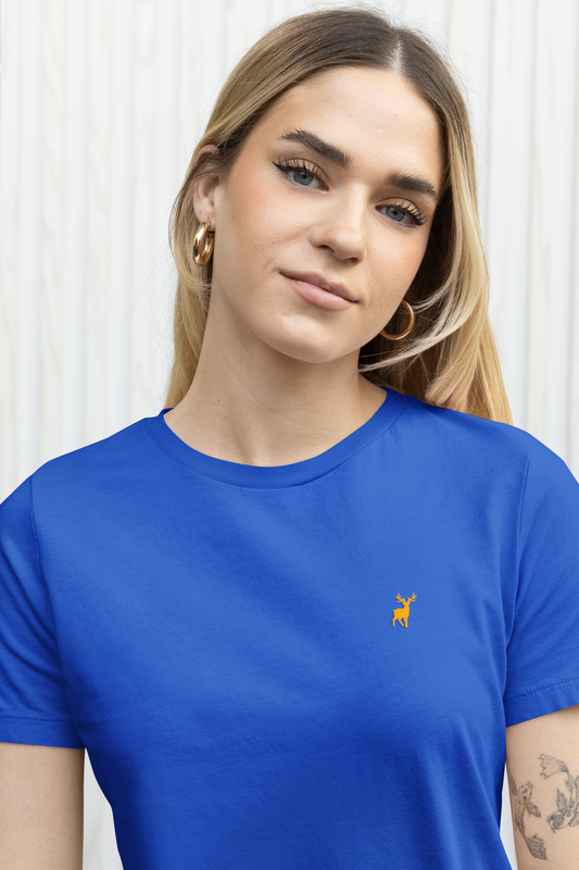 ATOM Deer Mascot Classic Embroidered Orange Logo Royal Blue T-Shirt For Women