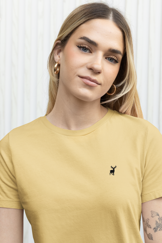 ATOM Deer Mascot Classic Embroidered Black Logo Beige T-Shirt For Women
