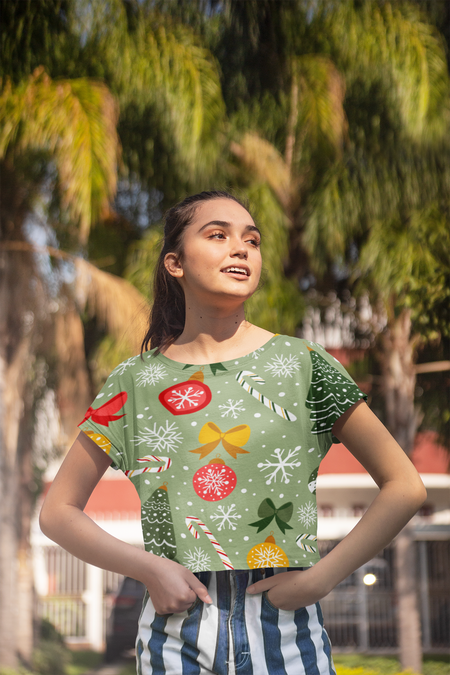 Christmas Trees Green Crop Top For Women