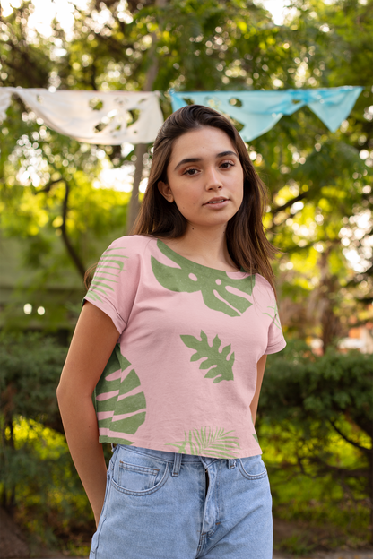 Leaves All Over Print Pink Crop Top For Women