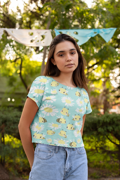 Bees All Over Print Green Crop Top For Women