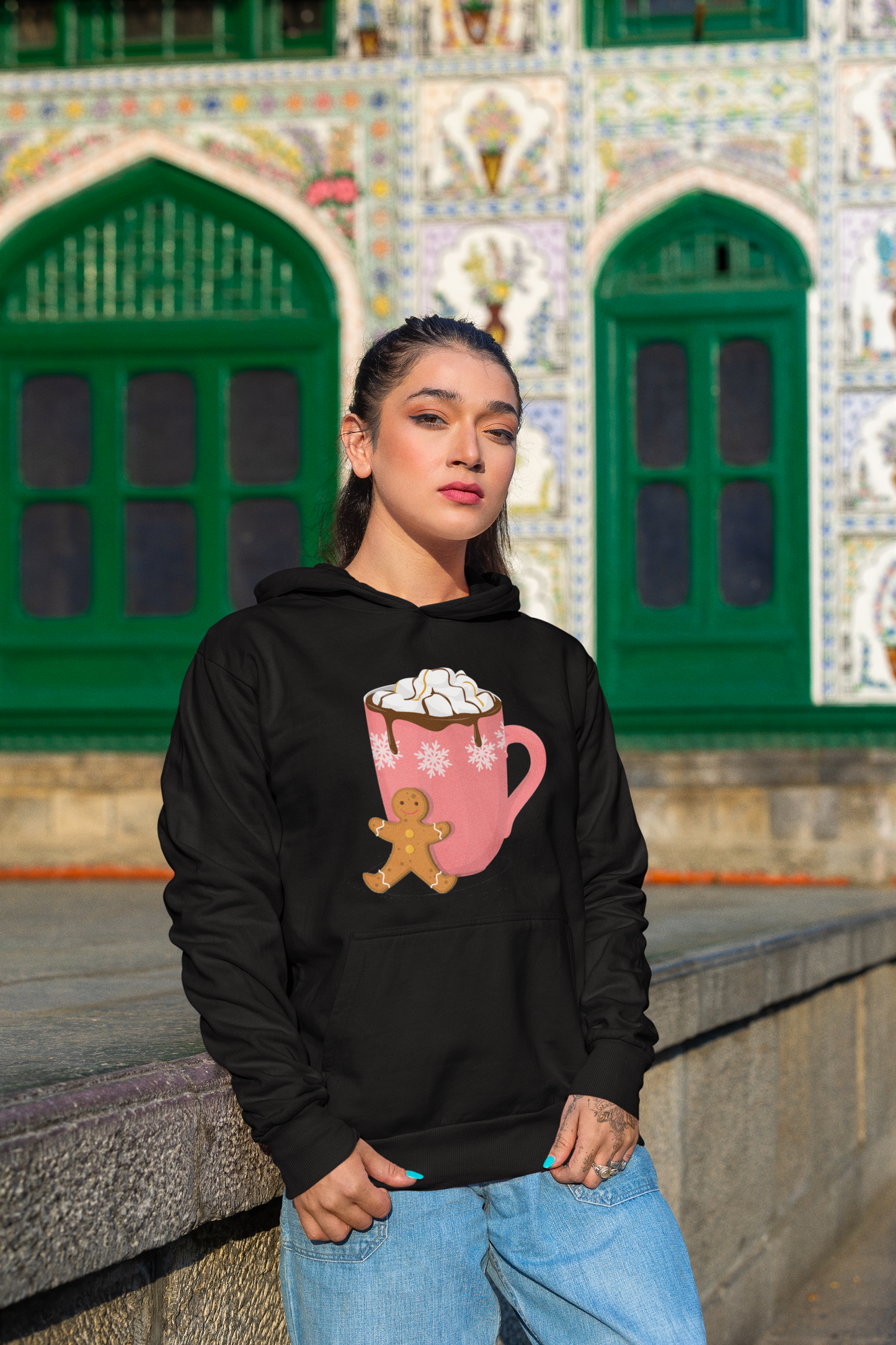 Ginger Bread Man and Hot Chocolate Black Hoodie For Women