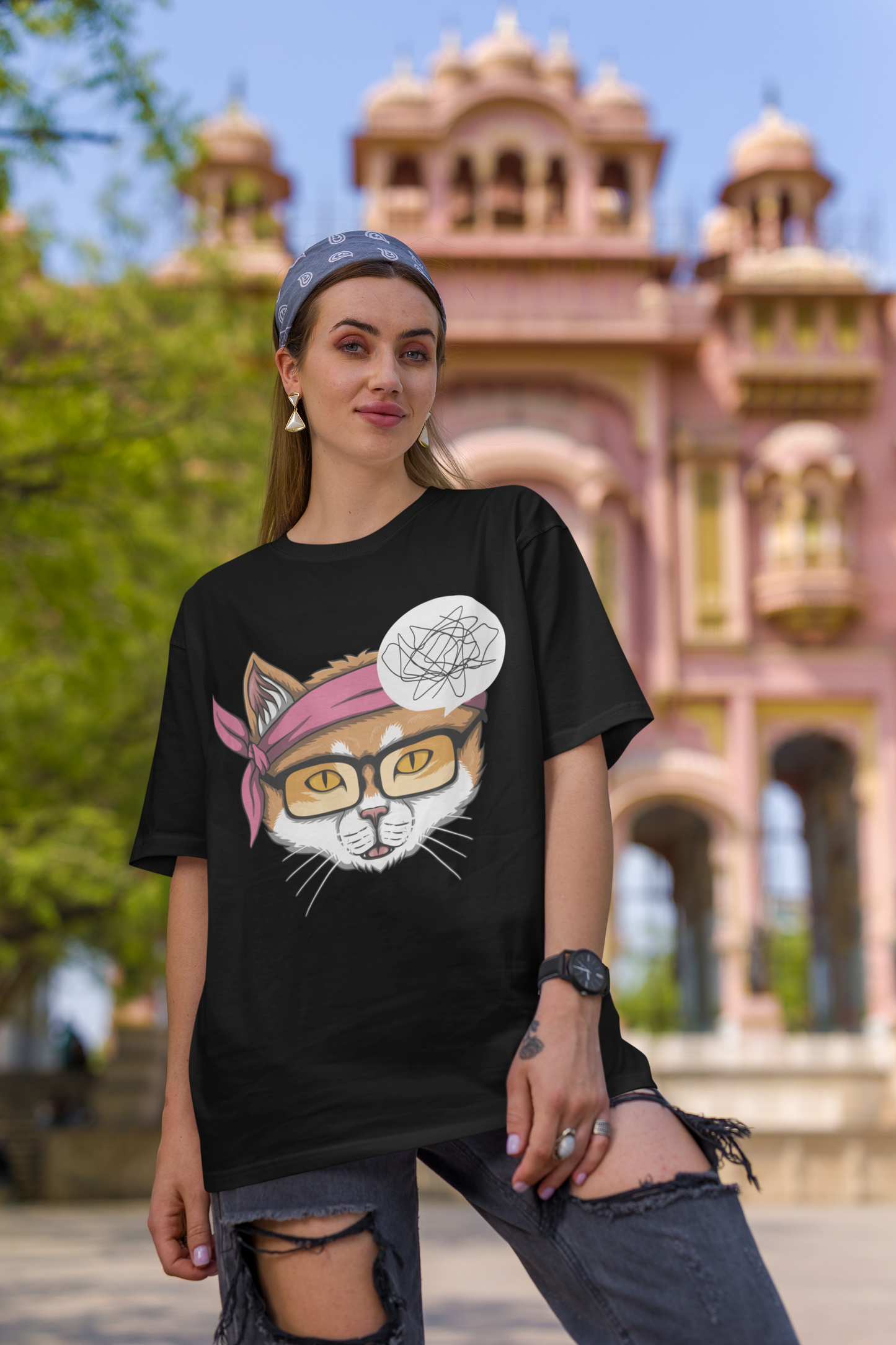 Cat Don't Understand Illustrations Black Oversized T-Shirt For Women