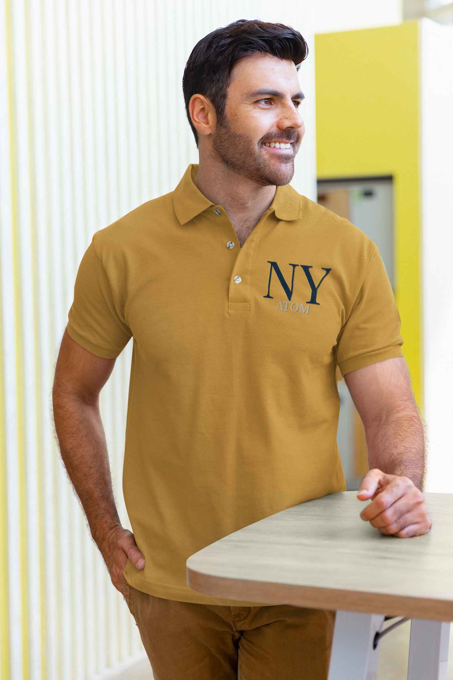 NY ATOM Embroidered Mustard Yellow Polo Neck T-Shirt For Men