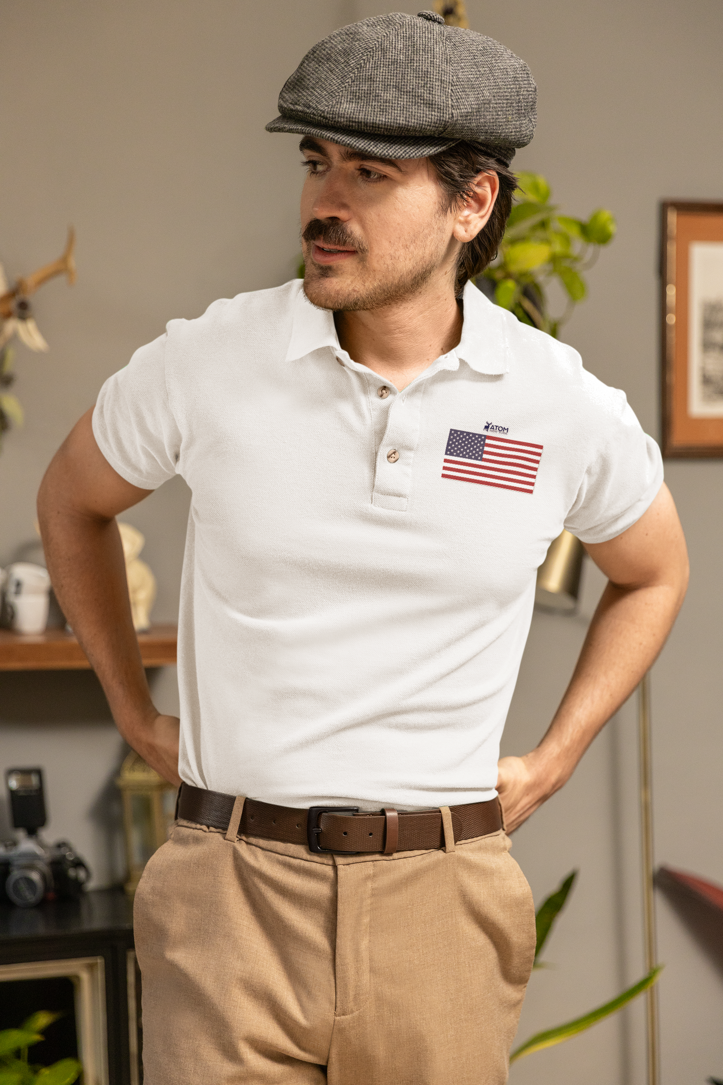 Classic ATOM US Flag White Polo Neck T-Shirt For Men